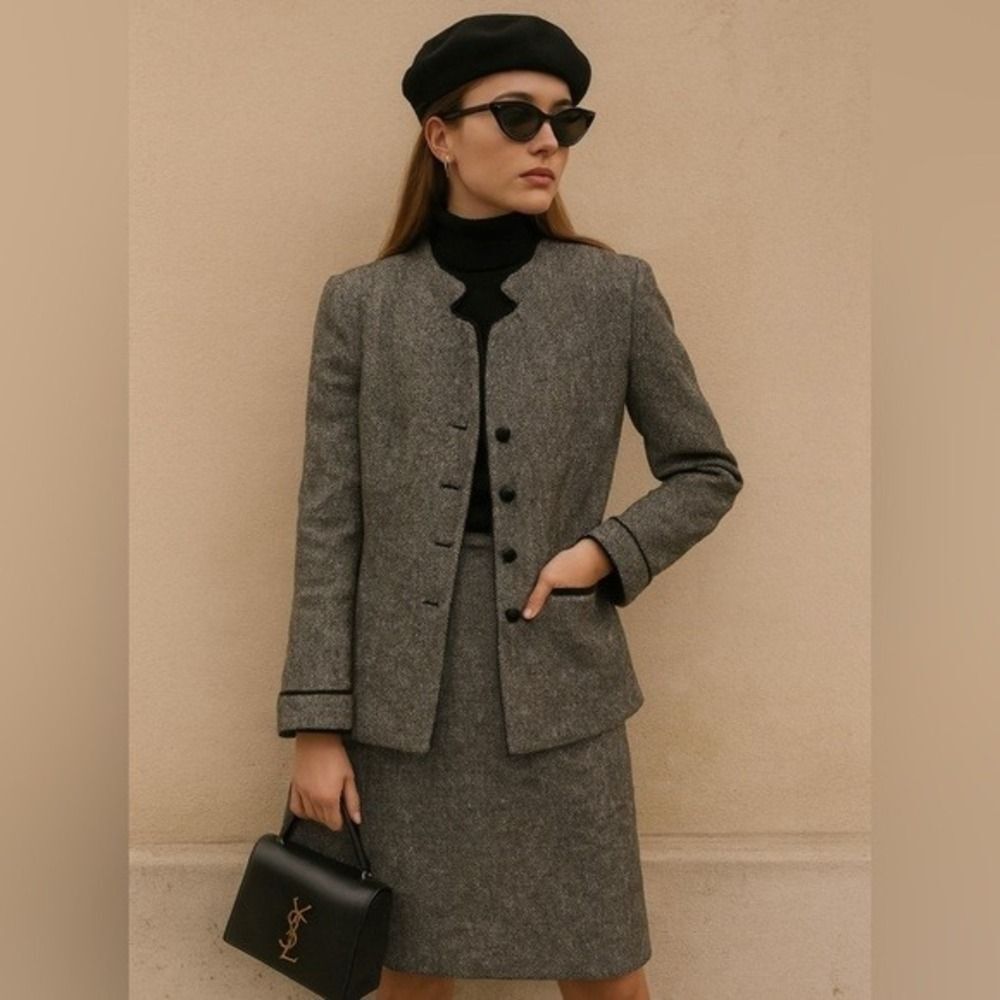 Talbots Italy Womens Black Wool Tweed Plaid Notched Collar Button Blazer sz 8
